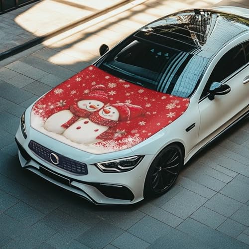 Image of Red Christmas Prints Car Cover - Elastic Polyester, Washable, Easy Installation for Car Hood - Christmas Decorations and Gifts