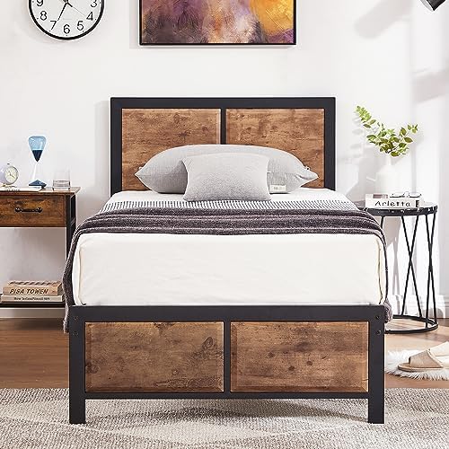 Yaheetech Twin Size Bed Metal Bed Frame with Wood Headboard, Metal Platform Bed Frame Single