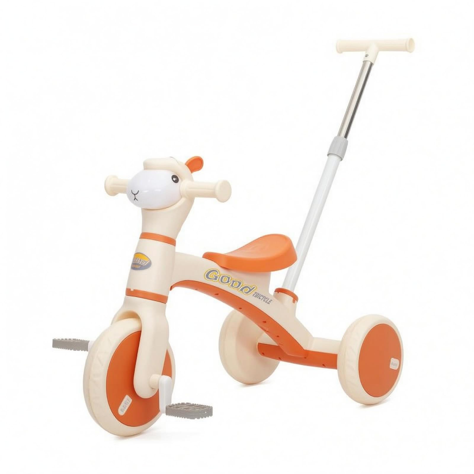 Veicolo a Tre Ruote Alpaca Musica e Luci Veicolo a Tre Ruote a Spinta Leggero per Bambini Piccoli, Arancione