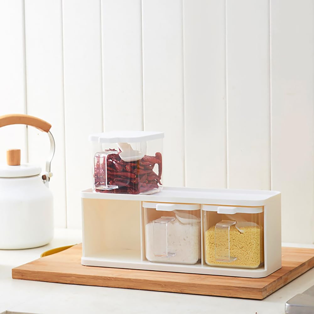 Paquete de 2 cajas de condimentos transparentes de 3 rejillas con asa y cuchara, contenedor de almacenamiento de condimentos, juego combinado con frascos de cruet extraíbles para especias, sal 3