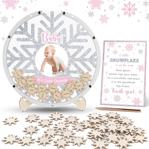 64PCS Baby It’s Cold Outside Sign in Guest Book Alternative a Little Snowflake Is on the Way Baby Shower Decorations Girl Pink Winter Christmas Wonderland Baby Shower Gender Reveal Decor Picture Frame