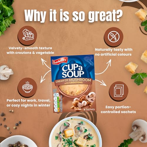 Image of Batchelors Cup A Soup Cream of Mushroom with Croutons Instant Mix 99g (4 Sachets) | Creamy Mushroom with Shiitake | Low Fat Vegetarian | Just Add Hot Water