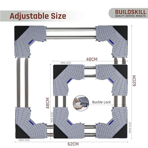 Image of BUILDSKILL 350kg Load Capacity Washing Machine Stand Adjustable | Spirit Level | Anti-Vibration Mats | Dual SS Tubes | Legs with Rubber Pads | Without Wheels Height Stand for Washing Machine (Grey)