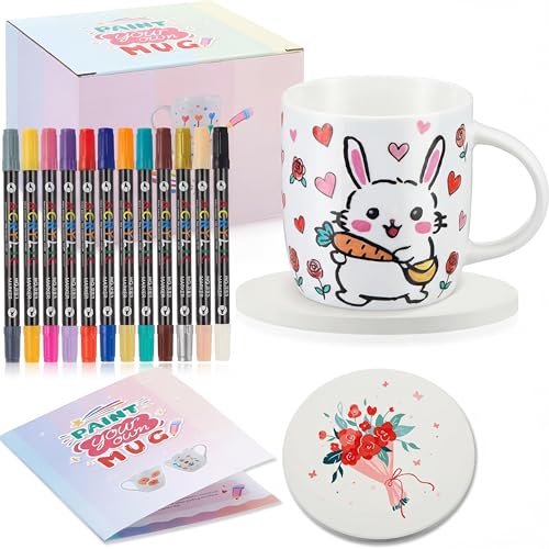 Sinmoe Set Taza para Pintar Kit Pintura Decorar Cerámica DIY con Taza Cerámica Blanco Posavasos y 12 Rotuladores Colores Regalo Bricolaje Creativo para Adultos(Clásico)