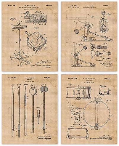Vintage Drums Equipment Patent Prints, 4 (8x10) Unframed Photos, Wall Art Decor Gifts Under 20 for Home Office Garage Man Cave DJ Musician College Student Teacher School Rock Band Drummer Fan