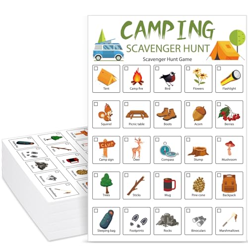 Hoolerry 30 Pcs Scavenger Hunt for Kids Road Trip Game Car Spring Summer Wedding Scavenger Hunt Cards Travel Activities Camping Games Outdoor Indoor Seek Activity for Kids Adults (Camping)