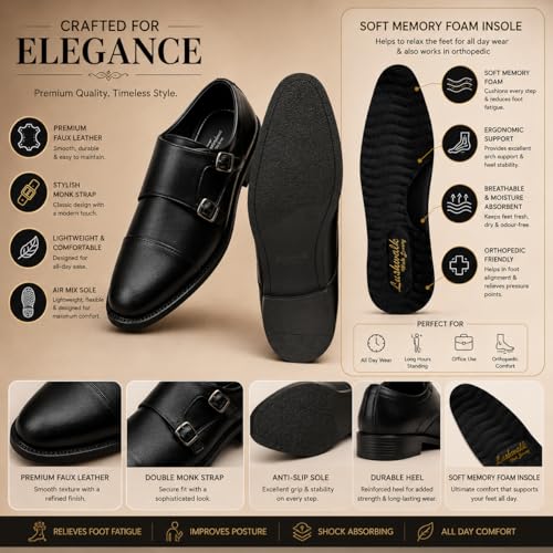 Image of Men's Double Monk Strap Formal Shoes | Cap Toe Design, Polished Upper, Soft Cushioned Insole, TPR Outsole, Slip-On Formal Shoe for Men Office Dress, Party & Wedding Footwear