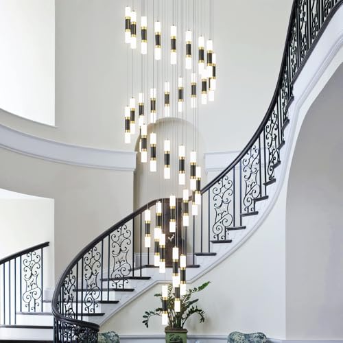 Image of 36-Light Modern Chandeliers for Entryway Ceiling Pendant Light Dimmable LED 216W Staircase Large Chandelier Lobby Living Room Foyer High Ceiling Chandelier (Black Gold)
