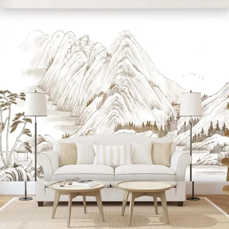 Papier peint paysage de pierre derrière le canapé du salon moderne