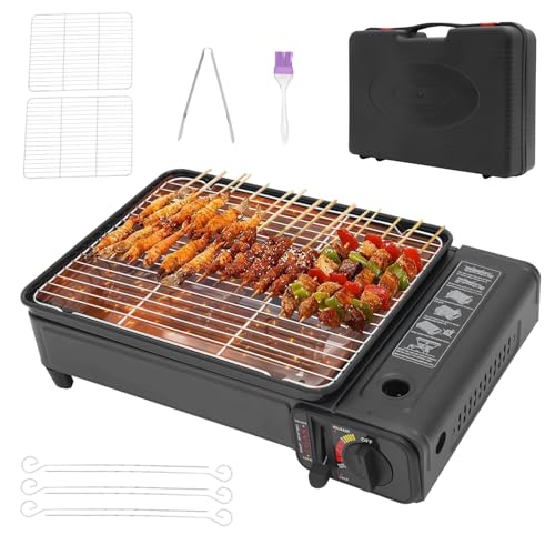 Camping Gasgrill, 2200W Tragbarer Tischgrill Campinggrill Gas BBQ Barbecue Grill, Camping Gasgrill Klein mit Grillnetz