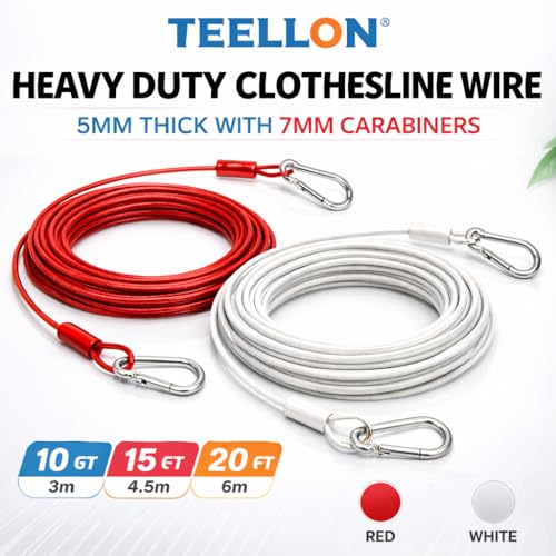Image of 9.1 Meter (5mm) Heavy Duty Stainless Steel Clothesline Wire Rope with Carabineer Hooks, Portable Rustproof Laundry Drying Rope Cable for Balcony Garden Home Indoor Outdoor Uses (Red, 30 Feet)