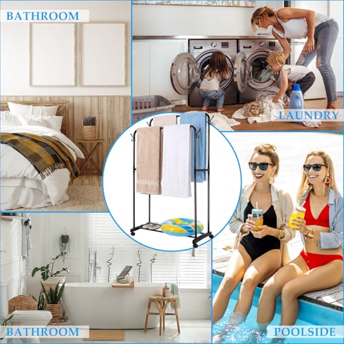 57\" H Pool Towel Rack for Outdoor 2-Tier Free Standing Towel Rack with Wheels Metal Heavy Duty Pool Accessory Storage Drying Towels Swimsuits Life Jackets for Outdoor Spa Bathroom - Thumbnail 5