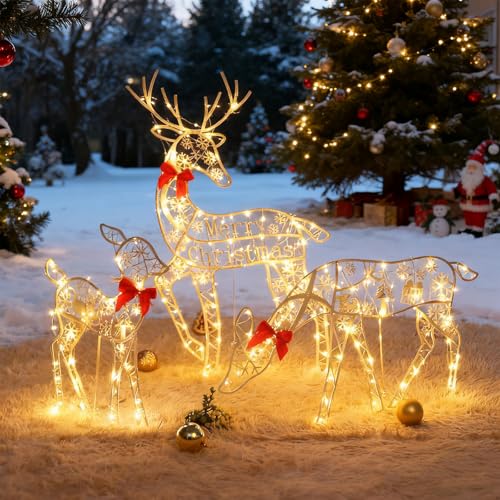 Reindeer Christmas Decorations, Light up Reindeer Outdoor, Family Set With LED Lights, Garden Decor Xmas, Outdoor Decor For Christmas Holiday Parties (01)