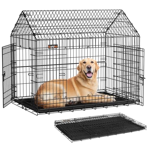 Feandrea Cage pour Chien Pliable, Cage de Transport, 120 x 72,5 x 109 cm, Métal, XXL, Grands Chiens, avec Double Porte, Nettoyage Facile, pour la Maison, la Voiture, Noir d'encre PPD015B01