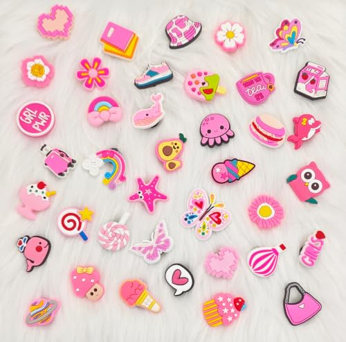 30,50,100 Pcs Random Pink Croc Charms for Girls Women, Cute Shoe Decoration Accessories Pins, Fun Mystery Bulk Gift Box for Clog Sandals, Birthday Party Favors (30 Pcs)