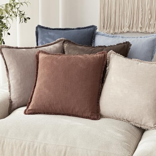 Image of Foindtower Decorative Linen Fringe Throw Pillow Covers Cozy Boho Farmhouse Cushion Cover with Tassels Soft Accent Pillowcase for Chair Sofa Bed Living Room Home Decor, 20x20 Inch,1PC,Rust Red