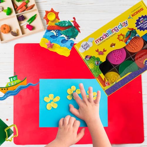 Image of Kores Kool Toolz Modelling Clay - 200 g | 8 Vibrant Shades Including 2 Neon Colors | 4 Moulds, 1 Roller & 1 Cutter | Soft, Reusable & Non-Toxic | Ideal for Kids 3+ | Perfect Return Gift & Craft Kit