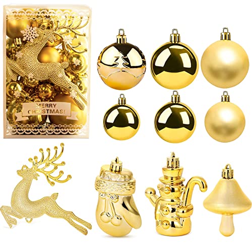 30 Stück Weihnachtskugeln Gold,Hirsch Handschuhe Schneemann Gold Weihnachtskugeln Plastik Bruchsicher Christbaumkugeln Set für Weihnachtsbaumschmuck Party Cover