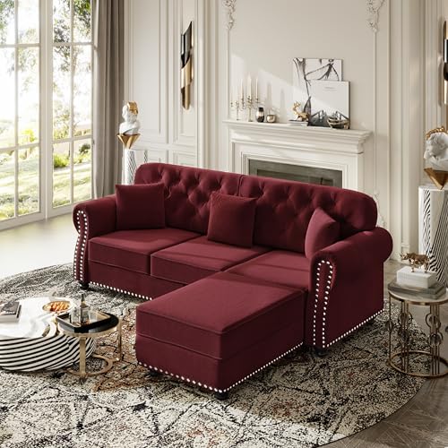 Image of KEIKI 83 inch Velvet Chesterfield Sofa with Rolled Arms & Nailhead Trim & 1 Ottoman, Modern 3-Seater Button Tufted Couch with High Resilience Cushion & 3 Pillow, Easy Assembly, for Living Room, Burgundy