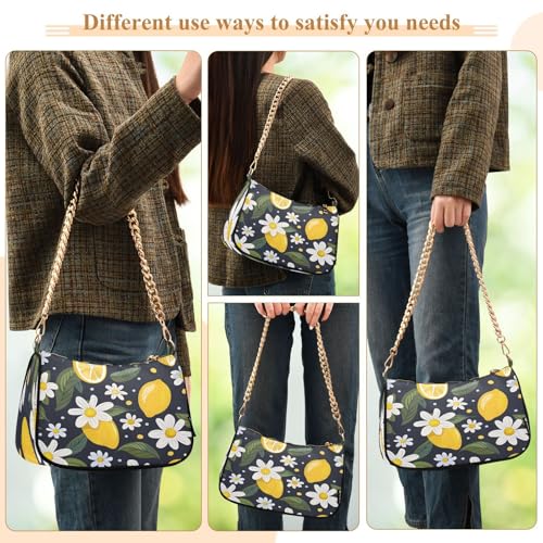 Image of Shoulder Bags for Women Vintage Yellow Lemon Fruit and Blue Print Hobo Tote Handbag Small Clutch Purse with Zipper Closure