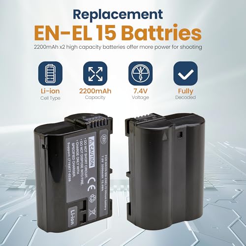 BM Premium 2 Pack of EN-EL15B Batteries and Dual Battery Charger for Nikon Z6, Z7, D780, D850, D7500, 1 V1, D500, D600, D610, D750, D800, D800E, D810, D810A, D7000, D7100, D7200 Digital Cameras by BM Premium - Image 2