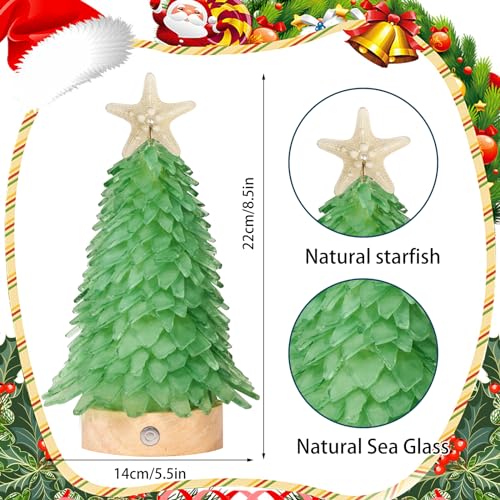 Sea Glass Christmas Tree,8.6 inches Mini Christmas Tree with Lights,Beach Nautical Themed Seaglass Christmas Tree for Table top,Decorations Indoor, Green Tree