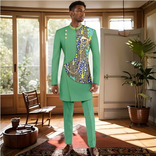 Men`s Suit Slim Fit Embroidery Gold Chain Single Breasted Print Blazer and Trousers Set African Clothes2