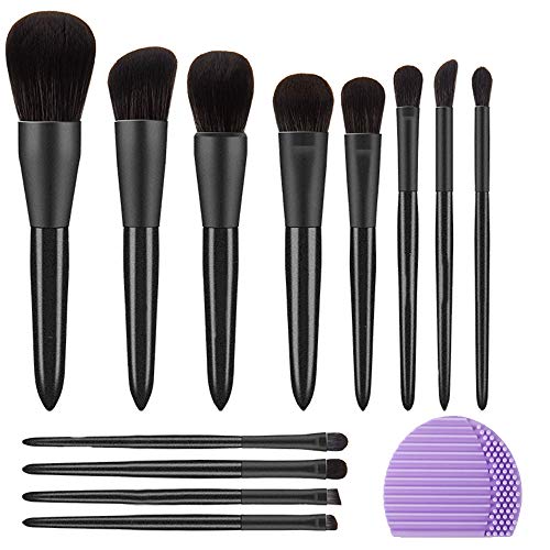 Makeup Brushes 12PCs- CLOWII Professional Premium Birch Handle Makeup Brush Foundation Concealer Brush Set of 12 with 1 Makeup Cleaner(Black)