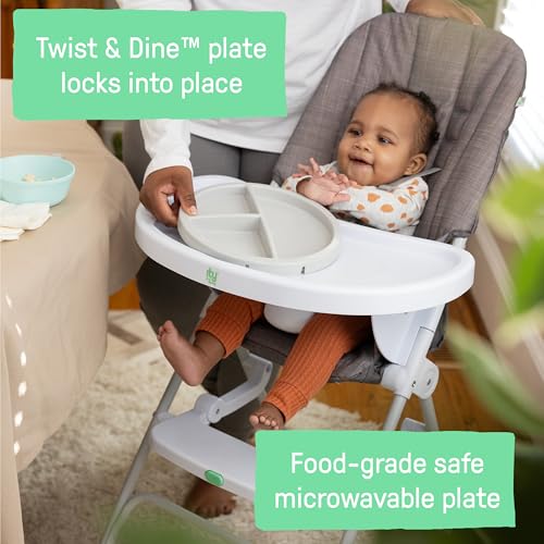 Image of Ingenuity: ity by Ingenuity Sun Valley Compact Folding High Chair, Food-Grade Safe Plate, Safety Harness, for Ages 6 Months and Up, Unisex - Grey