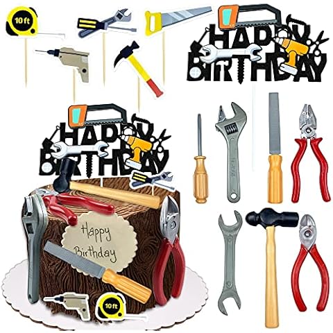 18PCS Tools Cake Topper Tools Cake Decorations Toolbox Wrench Hammer Mechanic Drill Plier Handsaw Tape Measure Screwdrivers Themed Happy Birthday Party Decor Cover