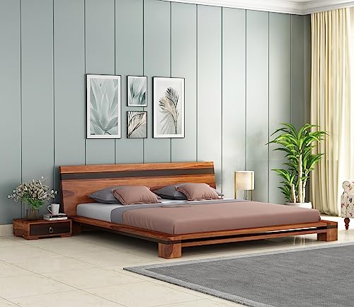 Image of Solid Shesham Wood Wooden Queen Size Bed Without Storage for Living Room & Bedroom (Queen, Honey Finish)