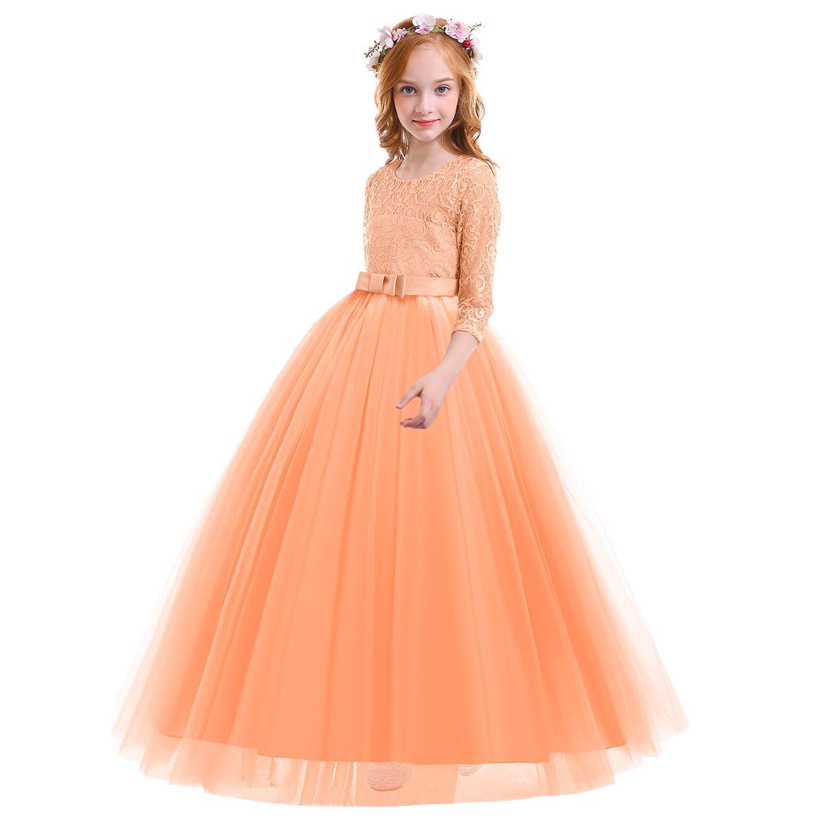 IWEMEK Flower Girls 3/4 Sleeve Floral Lace Tulle First Communion Pageant Dresses Kids Big Girls Princess Birthday Carnival Christmas Bridesmaid Wedding Party Prom Ball Gown 2-14 Years — view 36
