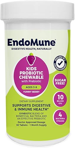 Endomune Jr Advanced Kids Probiotic and Prebiotic - 10 mil millones de UFC - 4 cepas de bacterias y prebióticos FOS - Formulado por médicos - 30