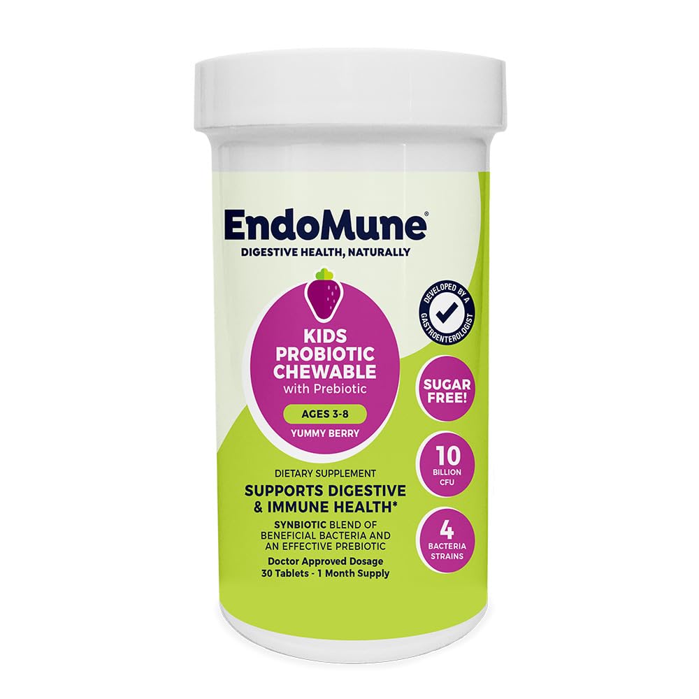 Endomune Jr Advanced Kids Probiotic and Prebiotic Chewables -10 Billion CFUs - 4 Strains Bacteria and FOS Prebiotic - Physician Formulated - 30 Chewable Tablets