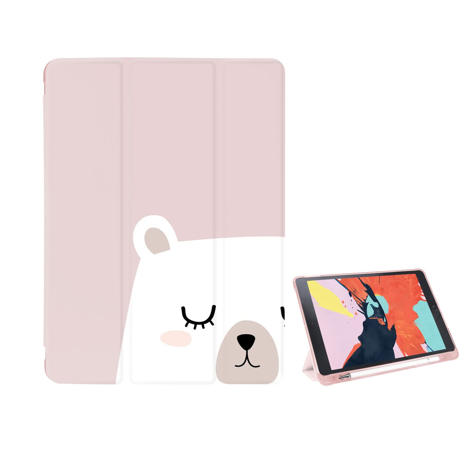 Cute Sleeping Bear iPad 9th/8th/7th Gen (2021/2020/2019) 10.2 Inch Case for Girl Child,Cartoon Animal iPad Four-Corner Shockproof Case with Soft TPU Back Cover,[Auto Wake/Sleep + Pencil Holder],Pink