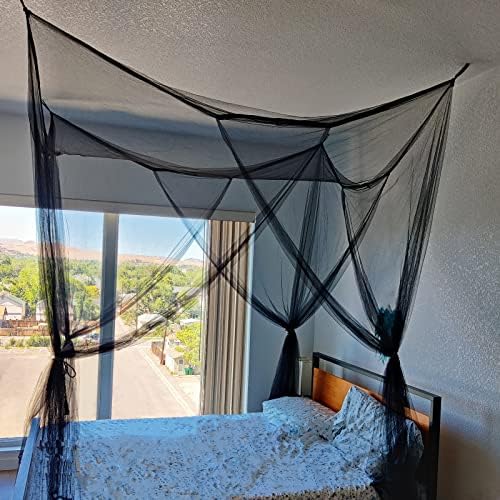Bigomila Black Mosquito Net Four Corner Bed Canopy Queen Size Bed Curtains King Size Bed Drapes Four Sides Open Mesh Bed Canopy Girl Elegant Bed Decoration (Black)