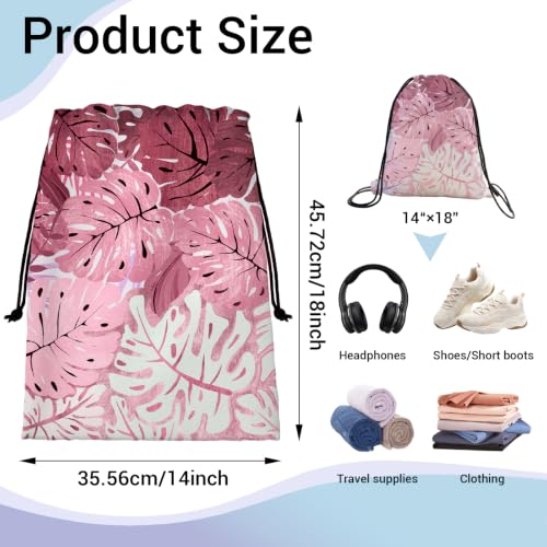 Image of Drawstring Storage Bag Palm Leaf Pink Gym Bags for Beach Cloth Shoes Toiletries
