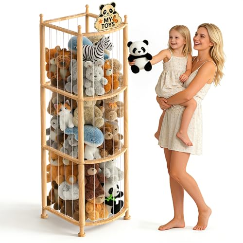 Stuffed Animal Storage Organizer Wooden Toy Storage Organizer & Plush Storage Tower with Elastic Cords Stuffed Animal Zoo for Kids Bedroom Playroom & Nursery Solid Pine 15.7 x 15.7 x 53.5 In