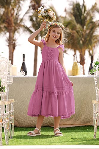 Girl Boho Long Dress Casual Flutter Sleeve Maxi Dress Communication Dress Rose Purple 7 Years #TOP4