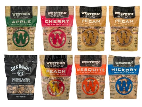 Western Wood 8 Pack Smoker Chips Variety Pack 180 cu in Bags - Apple, Cherry, Pecan, Peach, Post Oak, Hickory, Mesquite, and Maple for BBQ Enthusiasts