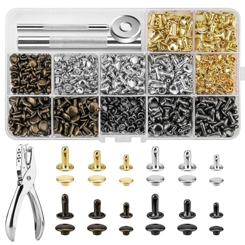 480 Sets Rivets for Leather, Leather Rivet Kit, 4 Colors 3 Sizes Rivets and Snaps for Crafts, Clothes, Shoes, Leather Boots, Bags, Decoration (Gold, Silver, Bronze and Gunmetal)