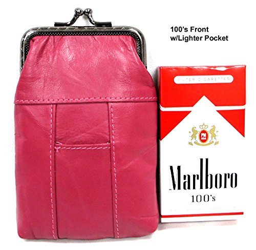 Two Piece Kiss-Lock Hot Pink Genuine Soft Leather Cigarette Case Pouch Lighter Pocket 100S + 120S #TOP1