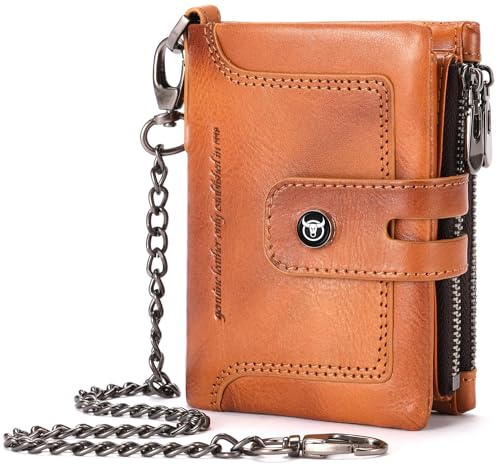 BULLCAPTAIN Bifold Mens Wallet with Chain Genuine Leather RFID Blocking Wallets Removable Zipper Coin Purse with ID Window (yellowish brown)