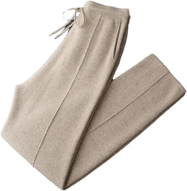 Men’S Cashmere Knit Business Casual Pants Elastic Waist Heavyweight Warm Full Length Mid Rise Trousers