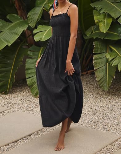 Image of R.Vivimos Womens Summer Boho Cotton Maxi Dress Adjustable Spaghetti Strap Elastic Smocked Casual Ruffle Hem Flowy Beach Dress