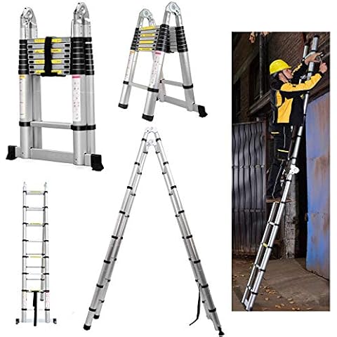 16.5ft Extension Folding Ladders Telescoping A-Frame Aluminum Heavy Duty Ladder with Support Bar for Extra Security 330lb Load EN131 Certificated Cover