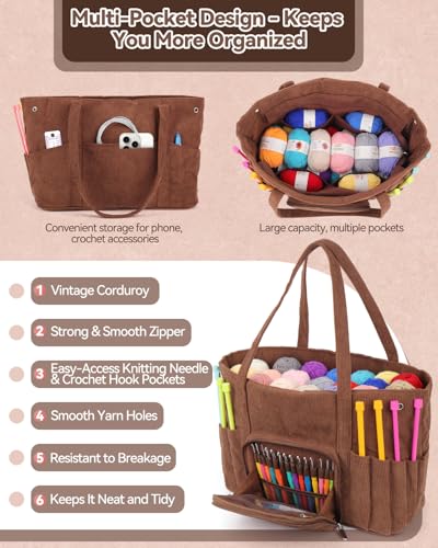 Image of Coopay Crochet Bag Organizer Large Yarn Bag, Knitting Project Bag for Crocheting, Crochet Yarn Bag Knitting Tote Bag Crochet Travel Bag for Crochet Supplies - Multipocket, Ideal Christmas Gifts