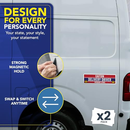 Image of Magnet Me Up Caution Frequent Stops Magnetic Decal - 3x10 Inch 2 Pack, UV Printed Red /Blue Automotive Vinyl Sign for Car, Delivery Driver Safety Magnet, Durable Weatherproof Accessory, Made in USA