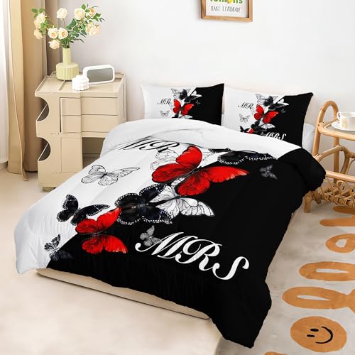 Image of AILONEN Mr Mrs Black and White Comforter Set Queen Size, Red and Black Butterfly Bedding Set Gifts,Soft Lightweight Microfiber Duvet Set 3 Piece All Season,1 Comforter with 2 Pillowcases