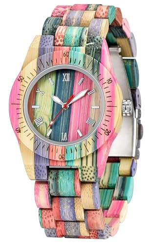Tiong Montre en Bois pour Femme avec Bracelet en Bois - Quartz analogique - Design Classique - en Bambou Multicolore - pour Femme et Couple (Q1058)…